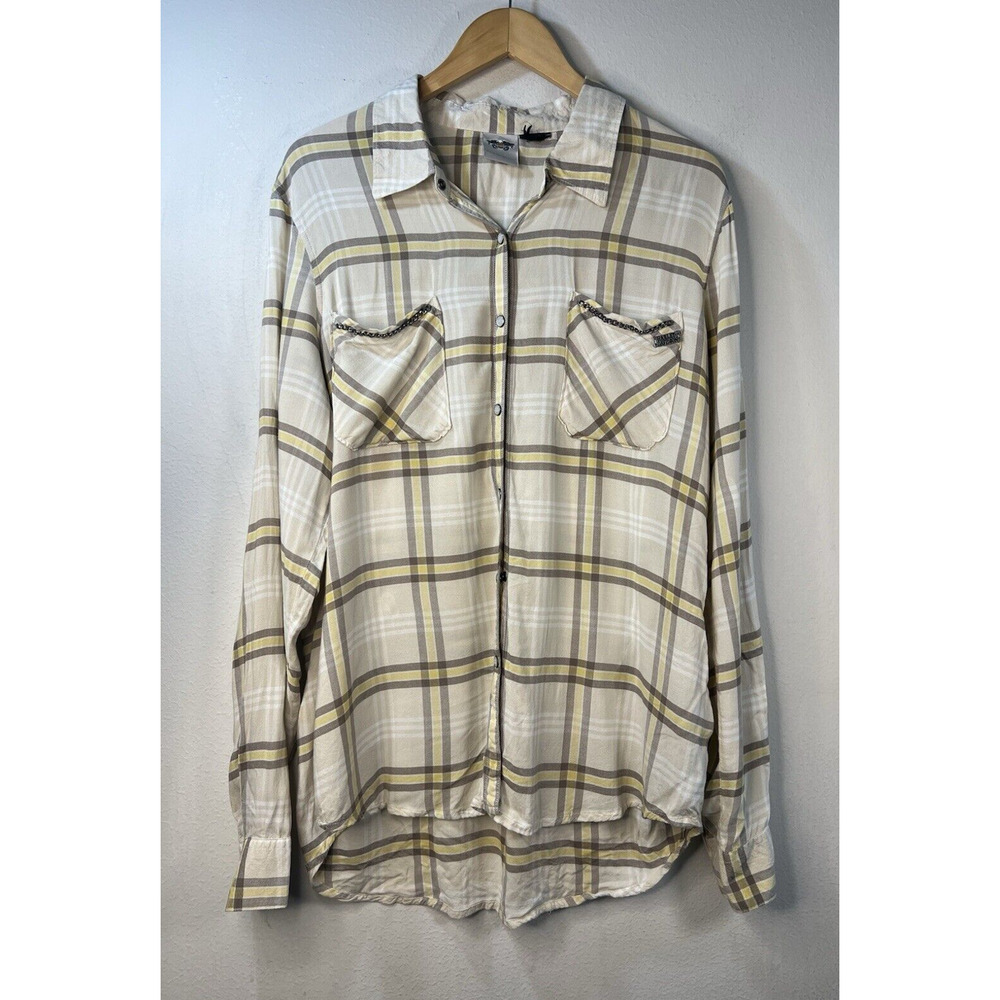 Harley Davidson Womens Snap Front Plaid Shirt Size Large Brown White Embellished